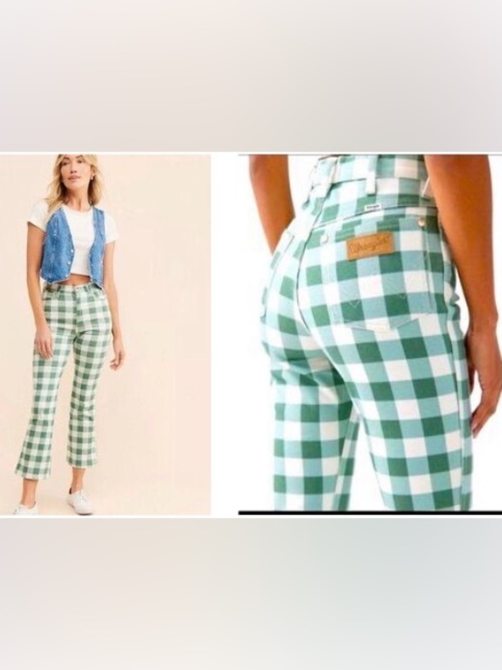 Wrangler Womenās Green and White Gingham Cropped Jeans